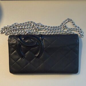 CHANEL Black Quilted Wallet-On-Chain with Silver Chain